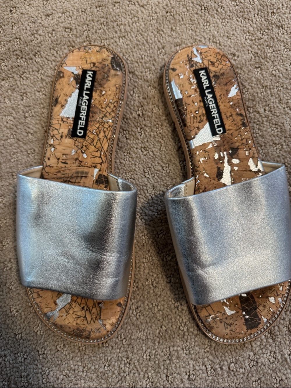 Karl Lagerfeld Metallic Silver Slide Sandals